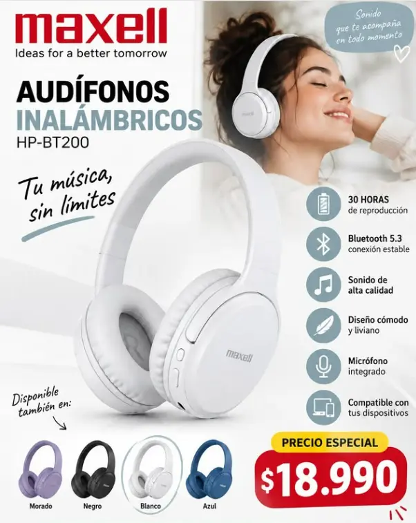 Audífonos Maxell HP-BT200 Bluetooth 30 Horas Nuevos
