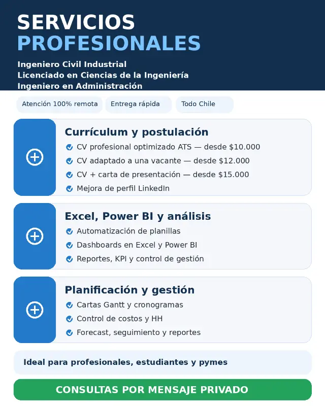Servicios profesionales: CV, Excel, Power BI y gestión